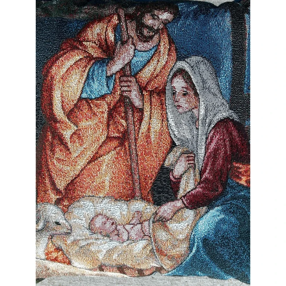 Vintage Tapestry Pillow Nativity Scene Mary Joseph Jesus Holy‎ Family Christmas